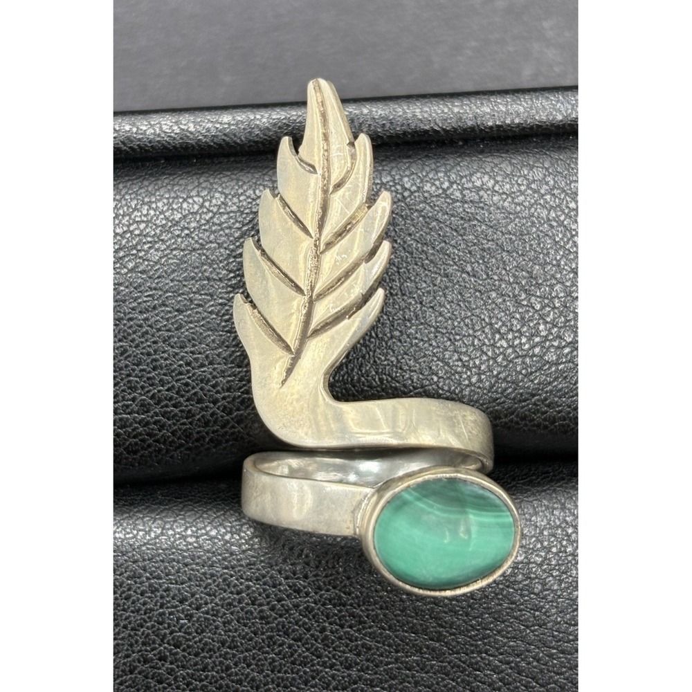 Vintage Sterling Silver Malachite Feather Bypass Ring Size 6.75 7 Grams H10